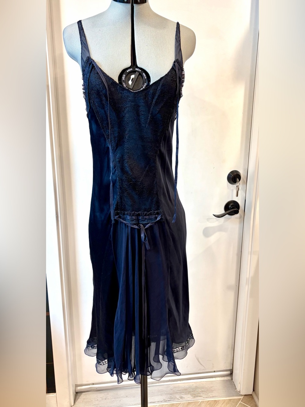 Vintage slip dress, 20’s style, silk satin&chiffon, lace details, navy,4, EUC - Picture 8 of 11